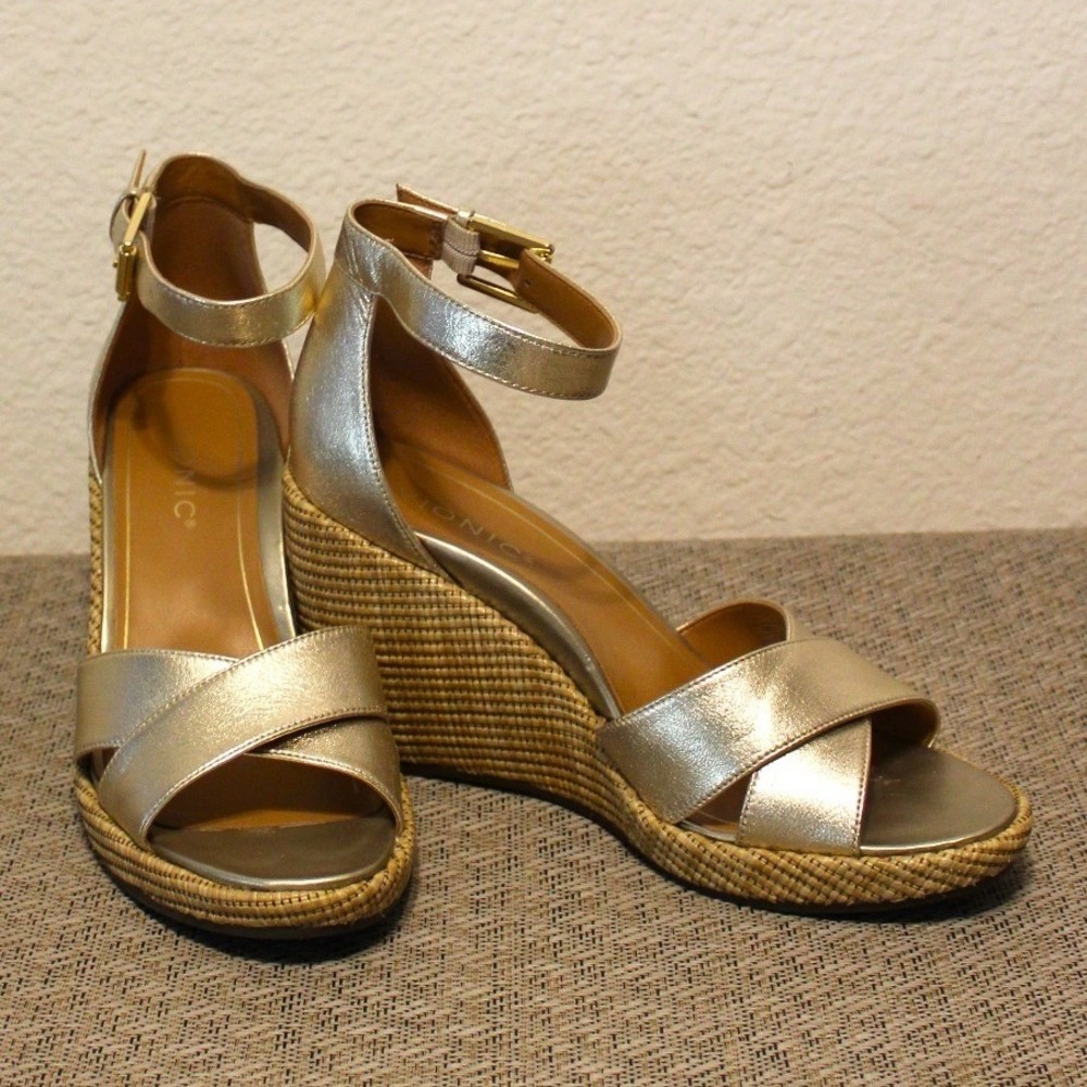 Vionic Marina Wedge Sandals Womens 8 Gold Metallic Espadrille Boho Comfort